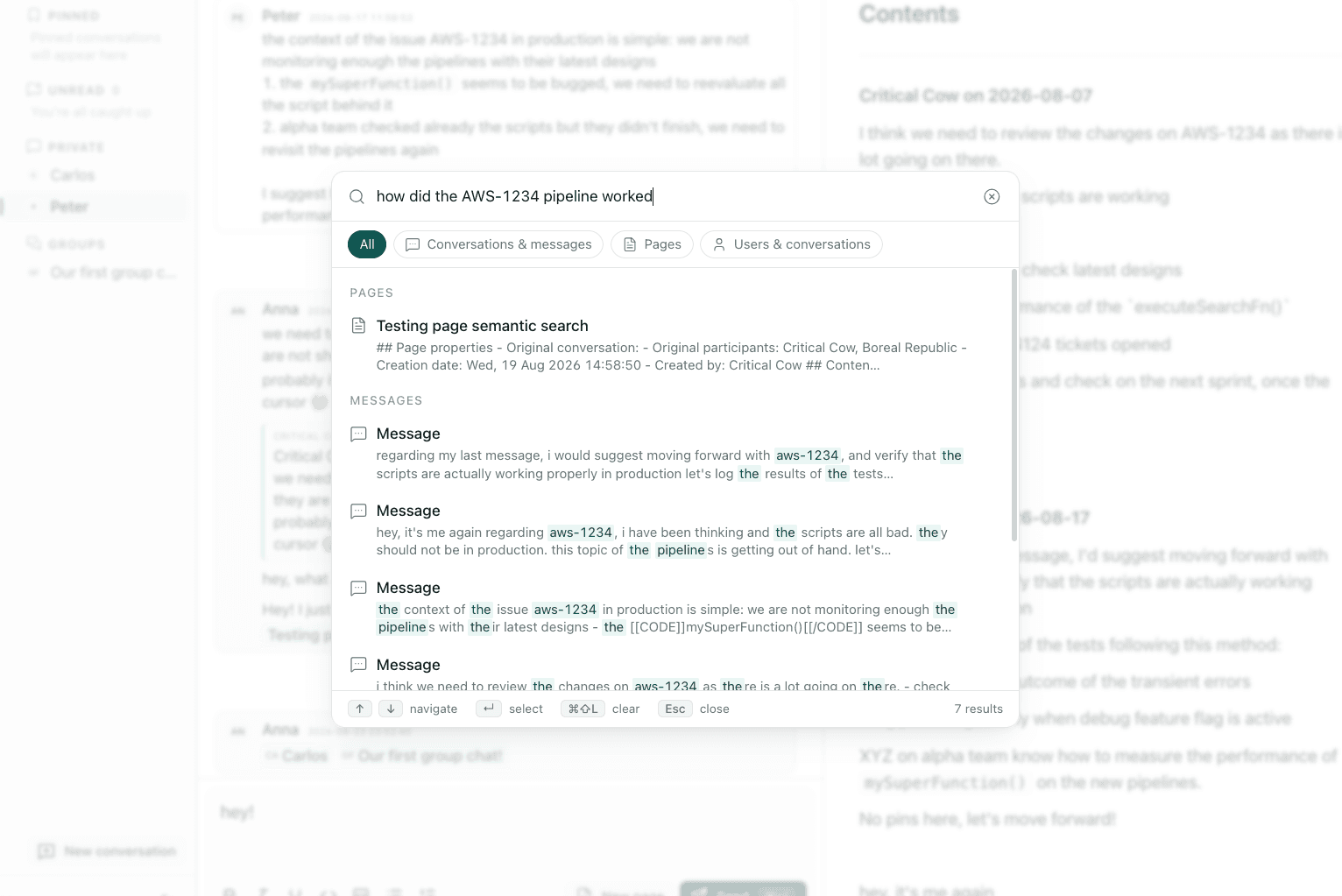 Tamarind search results combining exact keyword matches with conceptually related conversations.